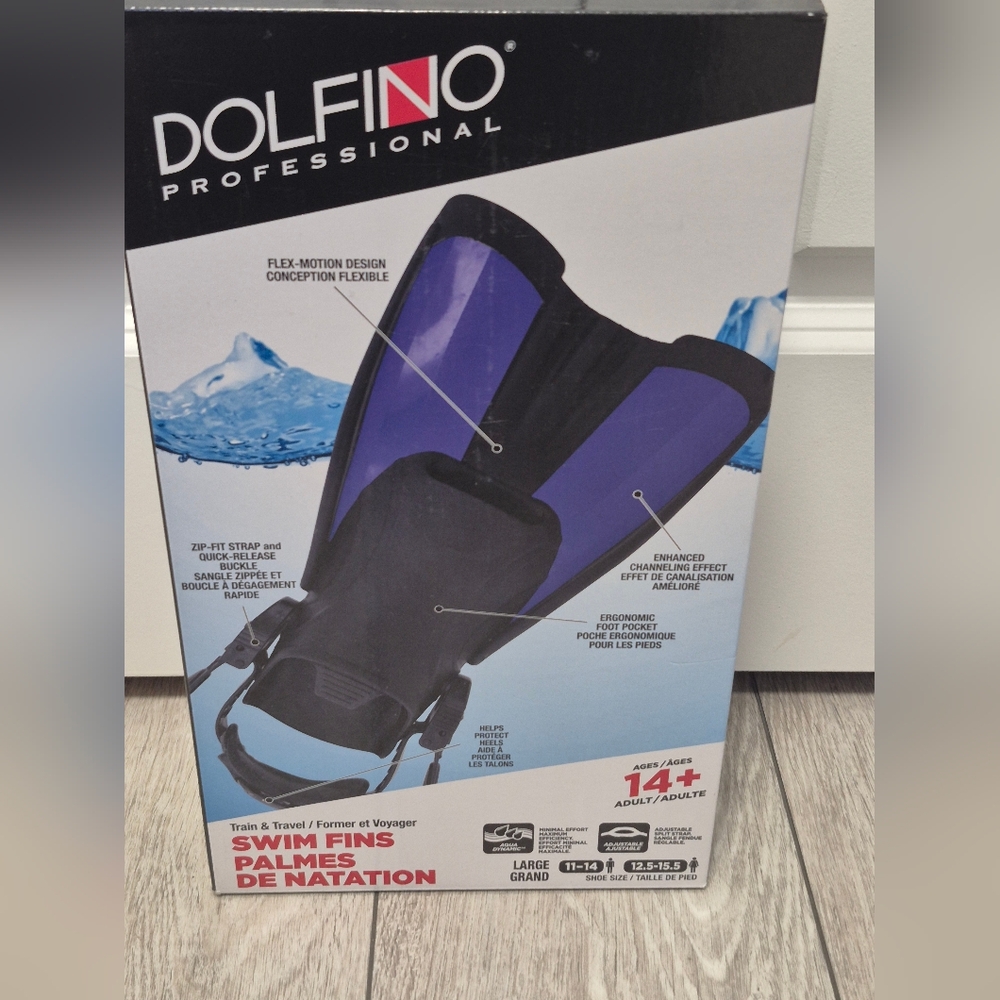Dolfino Professional Train & Travel Swim Fins in Black/ Blue. For Ages 14+. Lg